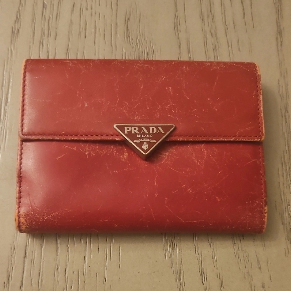 Prada Vintage Red Leather Triangle Logo Continental Wallet